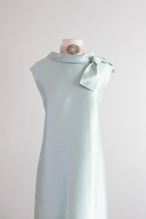 Elegant 1960's Aquamarine Shantung Silk Cocktail Dress / Large