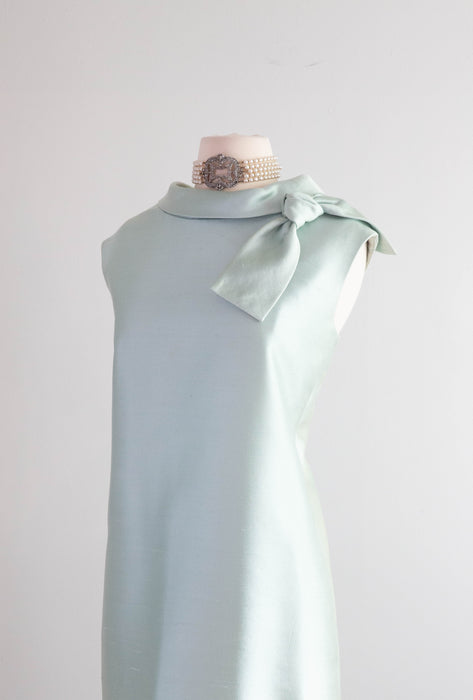 Elegant 1960's Aquamarine Shantung Silk Cocktail Dress / Large