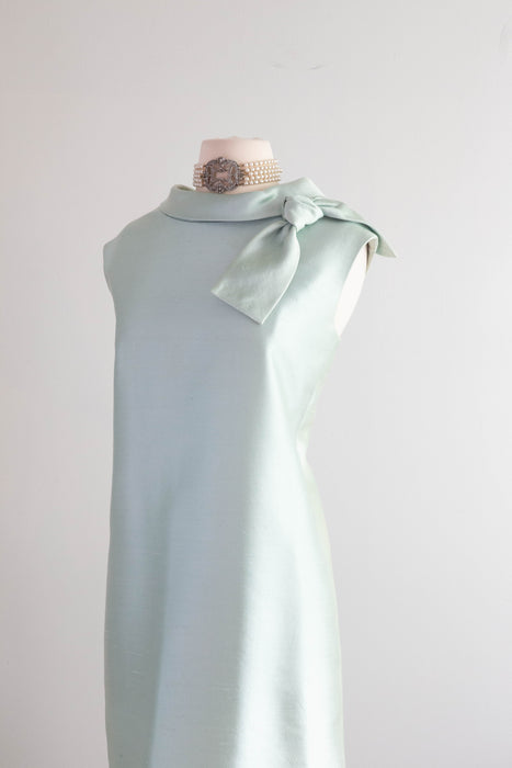 Elegant 1960's Aquamarine Shantung Silk Cocktail Dress / Large