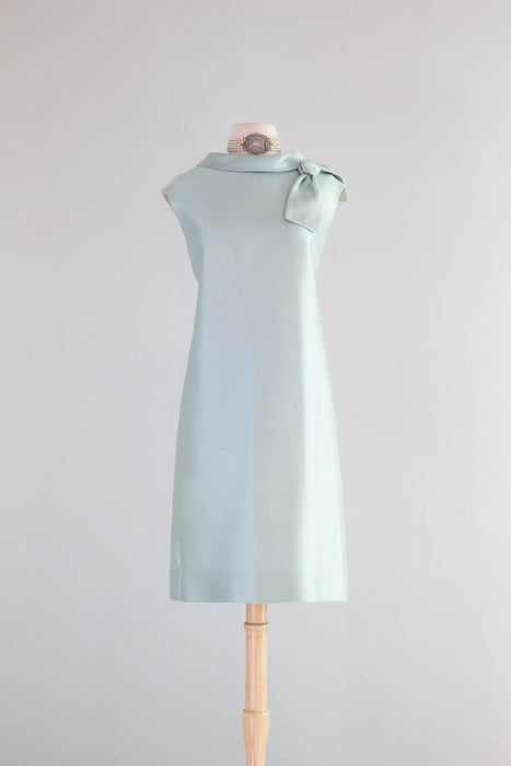 Elegant 1960's Aquamarine Shantung Silk Cocktail Dress / Large