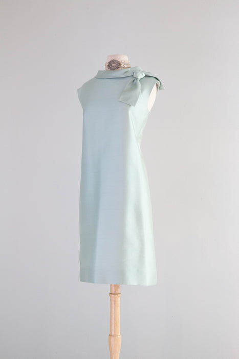 Elegant 1960's Aquamarine Shantung Silk Cocktail Dress / Large