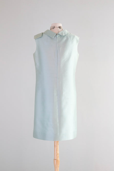 Elegant 1960's Aquamarine Shantung Silk Cocktail Dress / Large