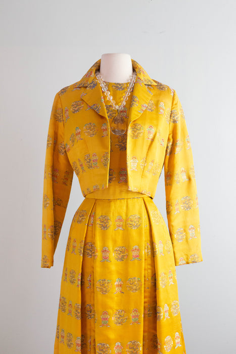 Spectacular 1960's Custom Couture Marigold Chinese Silk Evening Gown & Jacket / Med.