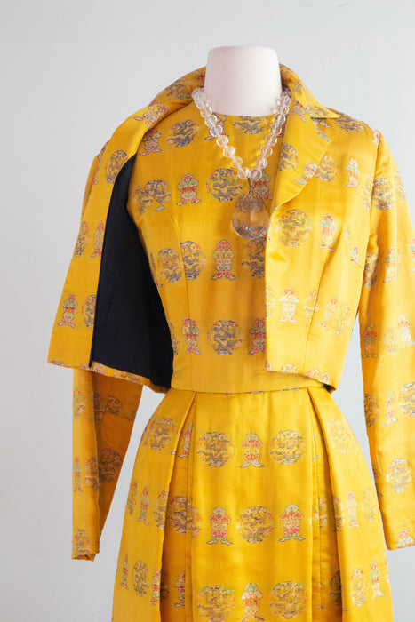 Spectacular 1960's Custom Couture Marigold Chinese Silk Evening Gown & Jacket / Med.