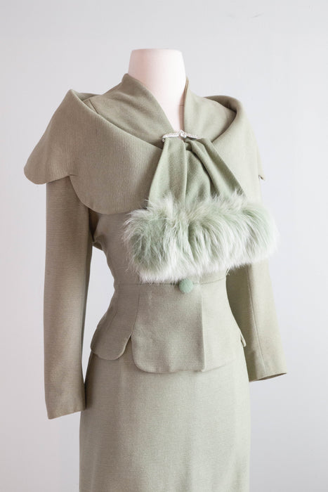 Sublime 1950's Lilli Ann Pistachio Glamour Suit With Fur & Rhinestone Accent / Medium