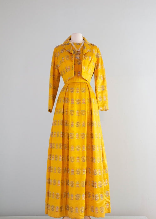 Spectacular 1960's Custom Couture Marigold Chinese Silk Evening Gown & Jacket / Med.