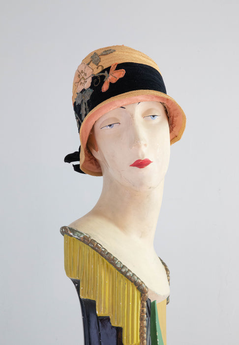 Beautiful 1920's Straw Cloche Hat With Velvet Floral Appliqués By Premier Importers