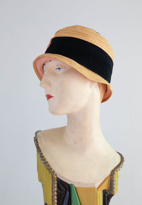 Beautiful 1920's Straw Cloche Hat With Velvet Floral Appliqués By Premier Importers