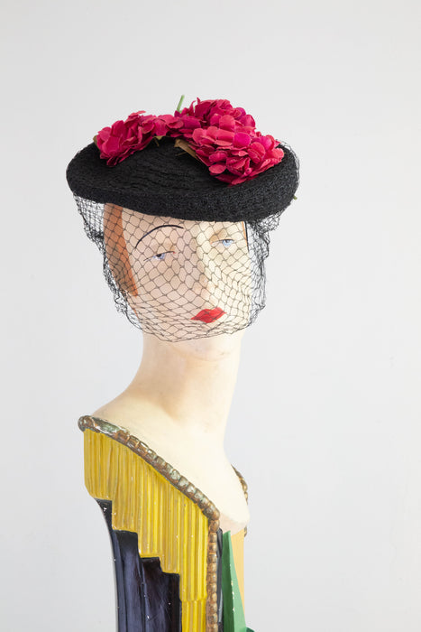 Glamorous 1940's Black Straw Hat With Dramatic Veiling & Millinery Flowers