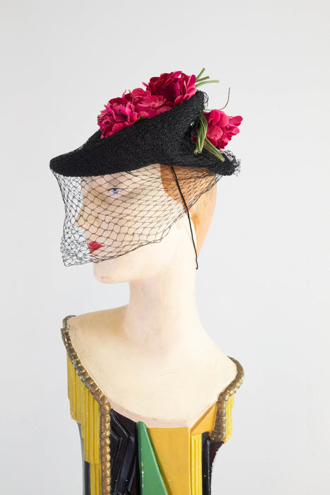 Glamorous 1940's Black Straw Hat With Dramatic Veiling & Millinery Flowers