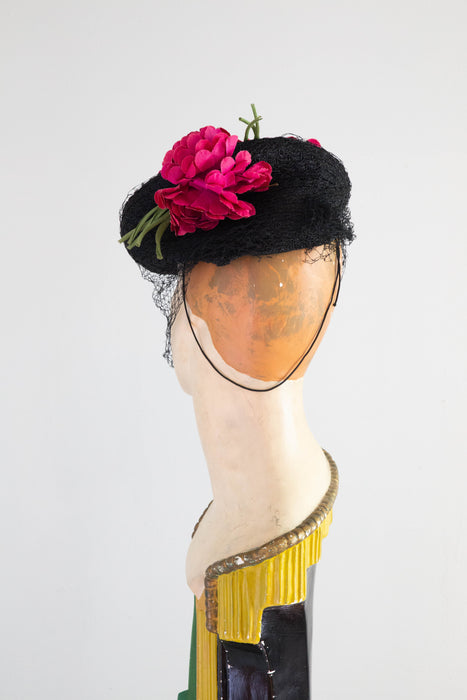 Glamorous 1940's Black Straw Hat With Dramatic Veiling & Millinery Flowers