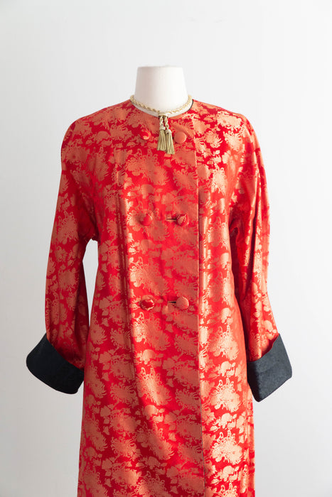 Stunning Early 1960's Scarlet Red Chinese Silk Reversible Evening Coat / M