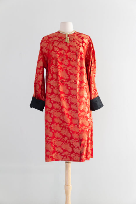 Stunning Early 1960's Scarlet Red Chinese Silk Reversible Evening Coat / M