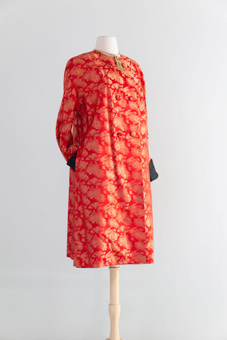 Stunning Early 1960's Scarlet Red Chinese Silk Reversible Evening Coat / M