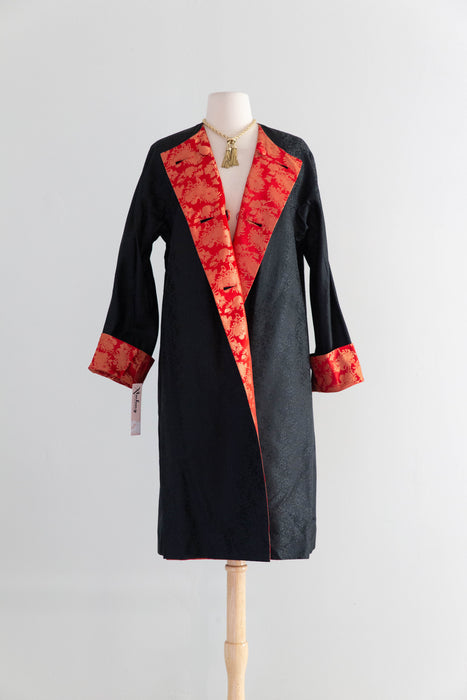 Stunning Early 1960's Scarlet Red Chinese Silk Reversible Evening Coat / M