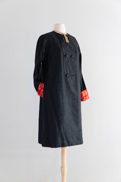 Stunning Early 1960's Scarlet Red Chinese Silk Reversible Evening Coat / M
