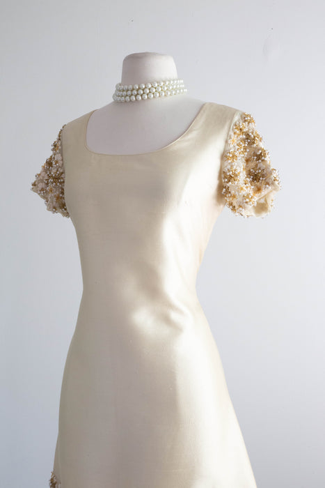 Exquisite 1960's Shantung Silk Cocktail Shift With Beading / Medium