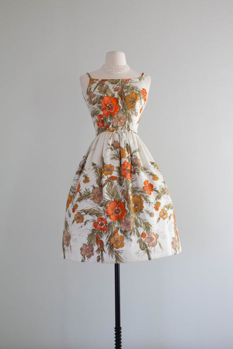 Fabulous 1950's Bird Print Polished Cotton Party Dress by Carol Craig / XS