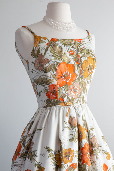Fabulous 1950's Bird Print Polished Cotton Party Dress by Carol Craig / XS