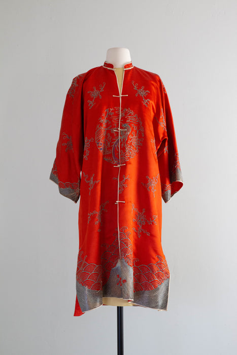 Exquisite Antique Chinese Tomato Red Silk Embroidered Robe / OSFM