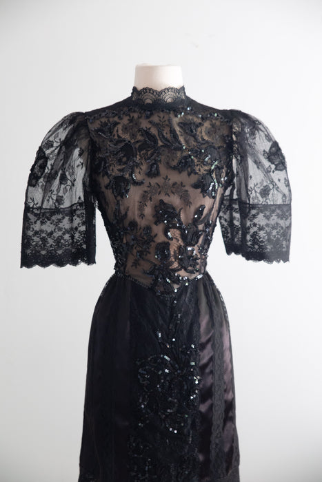 Rare Early 1980's Pat Kerr Illusion Lace Black Party Dress / Made in England / SM