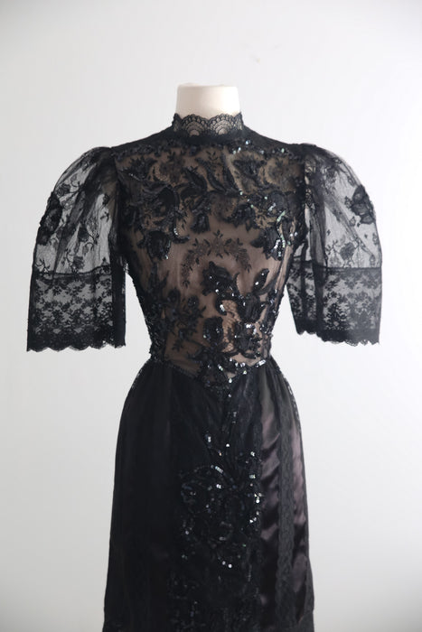 Rare Early 1980's Pat Kerr Illusion Lace Black Party Dress / Made in England / SM