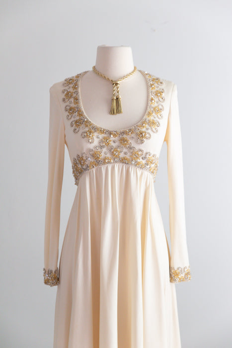 Elegant 1970's Beaded Champagne Jersey Gown By Victoria Royal LTD. // S