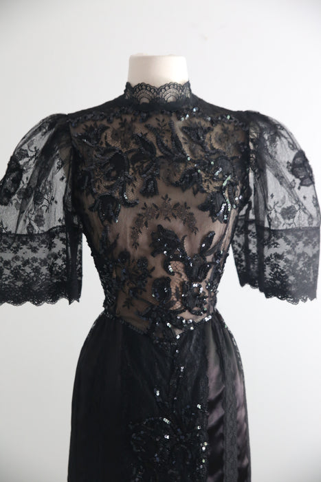 Rare Early 1980's Pat Kerr Illusion Lace Black Party Dress / Made in England / SM