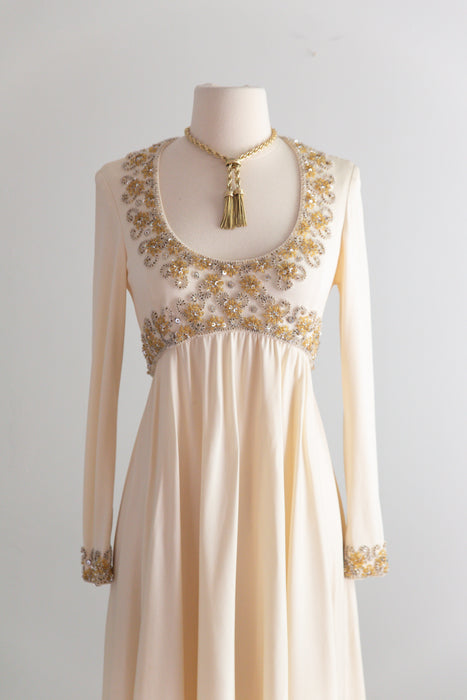 Elegant 1970's Beaded Champagne Jersey Gown By Victoria Royal LTD. // S