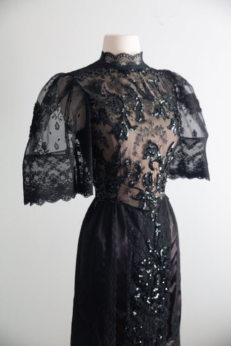 Rare Early 1980's Pat Kerr Illusion Lace Black Party Dress / Made in England / SM