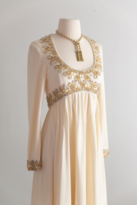 Elegant 1970's Beaded Champagne Jersey Gown By Victoria Royal LTD. // S
