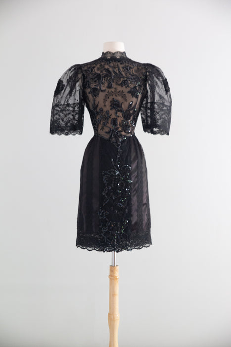 Rare Early 1980's Pat Kerr Illusion Lace Black Party Dress / Made in England / SM