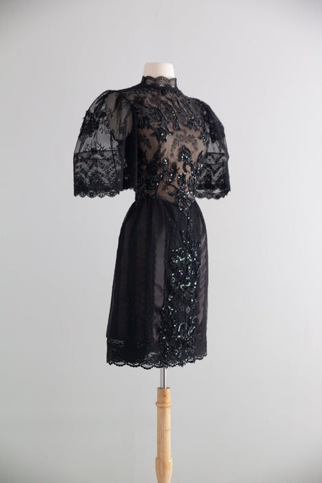Rare Early 1980's Pat Kerr Illusion Lace Black Party Dress / Made in England / SM