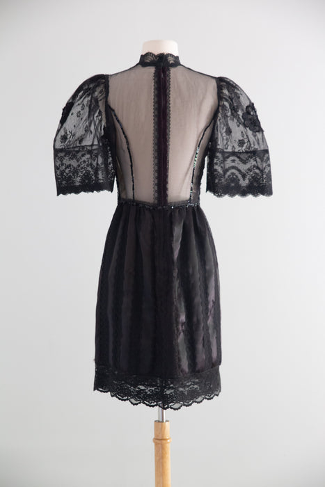 Rare Early 1980's Pat Kerr Illusion Lace Black Party Dress / Made in England / SM