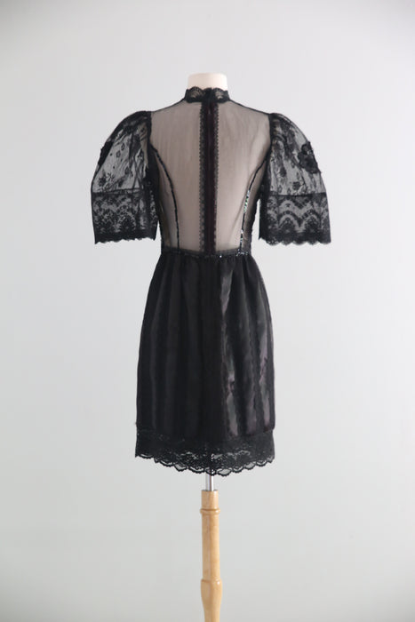 Rare Early 1980's Pat Kerr Illusion Lace Black Party Dress / Made in England / SM