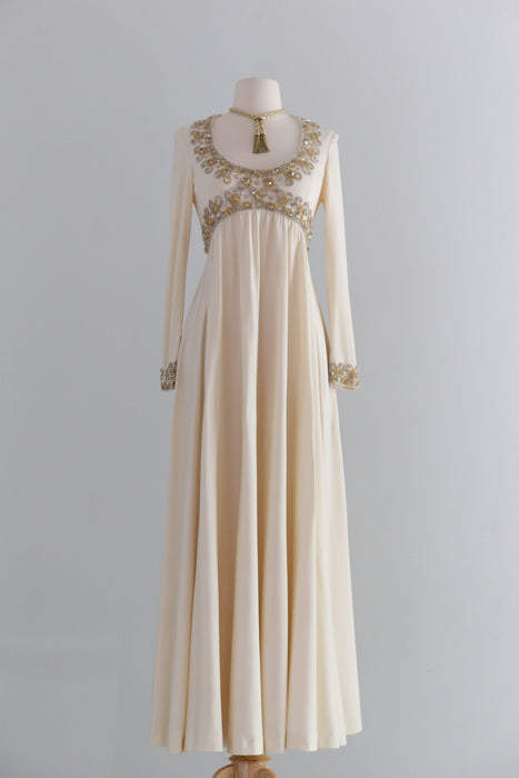 Elegant 1970's Beaded Champagne Jersey Gown By Victoria Royal LTD. // S