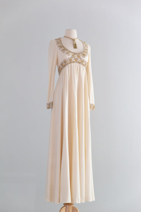 Elegant 1970's Beaded Champagne Jersey Gown By Victoria Royal LTD. // S