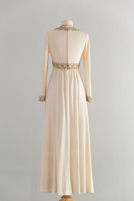 Elegant 1970's Beaded Champagne Jersey Gown By Victoria Royal LTD. // S