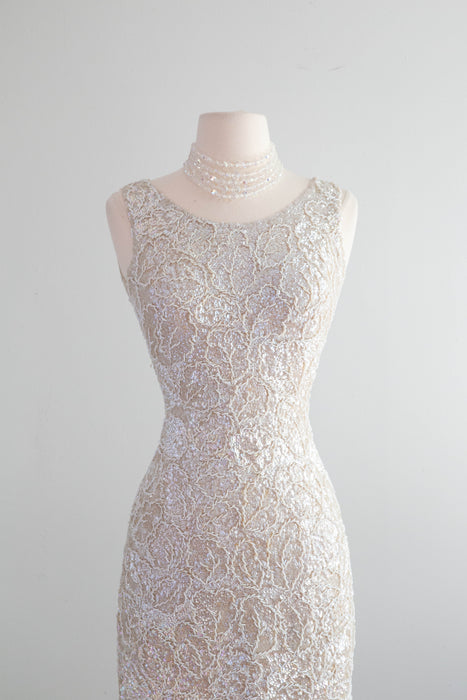 Spectacular 1950's Fully Beaded Knit Cocktail Dress In Iridescent Pearl / SM