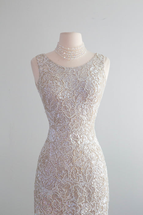 Spectacular 1950's Fully Beaded Knit Cocktail Dress In Iridescent Pearl / SM