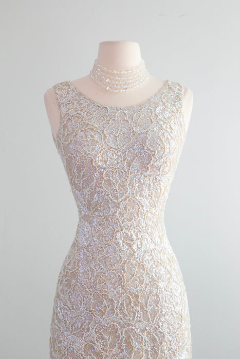 Spectacular 1950's Fully Beaded Knit Cocktail Dress In Iridescent Pearl / SM