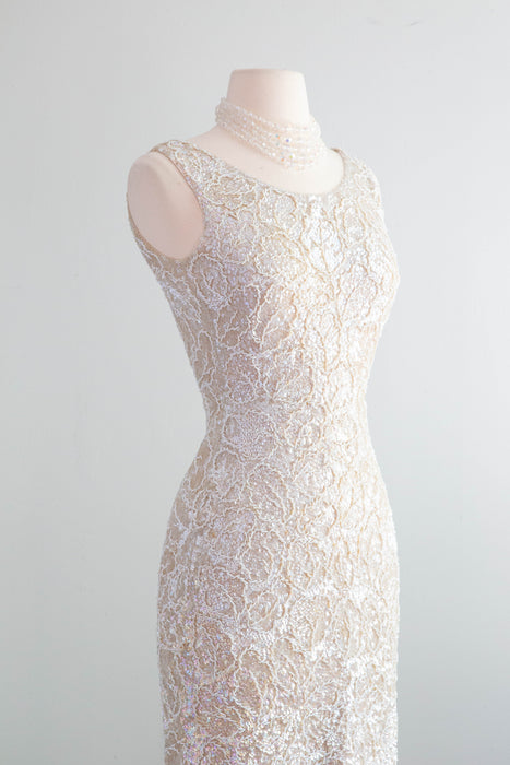 Spectacular 1950's Fully Beaded Knit Cocktail Dress In Iridescent Pearl / SM