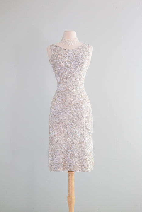 Spectacular 1950's Fully Beaded Knit Cocktail Dress In Iridescent Pearl / SM