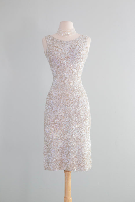 Spectacular 1950's Fully Beaded Knit Cocktail Dress In Iridescent Pearl / SM