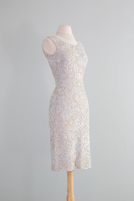 Spectacular 1950's Fully Beaded Knit Cocktail Dress In Iridescent Pearl / SM