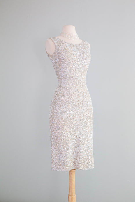 Spectacular 1950's Fully Beaded Knit Cocktail Dress In Iridescent Pearl / SM