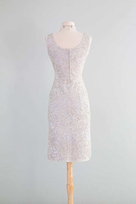 Spectacular 1950's Fully Beaded Knit Cocktail Dress In Iridescent Pearl / SM