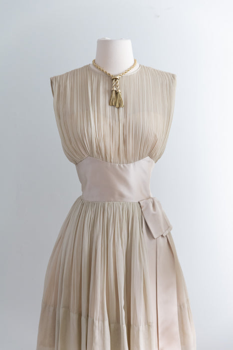 Ethereal Early 1960's Pleated Pearl Chiffon Cocktail Dress / S
