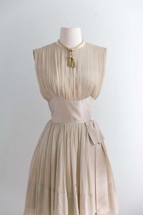 Ethereal Early 1960's Pleated Pearl Chiffon Cocktail Dress / S
