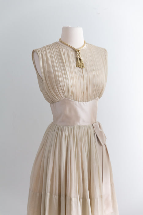 Ethereal Early 1960's Pleated Pearl Chiffon Cocktail Dress / S